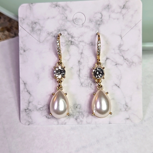 Gold Tone Silver Fuax Pearl Drop Earrings - Picture 1 of 17